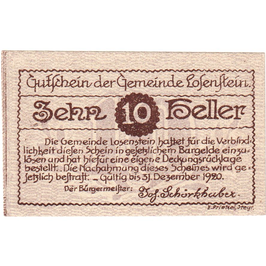 Austria, Losenstein, 10 Heller, Texte, 1920, 1920-12-31, UNC, Mehl:FS 566IVa