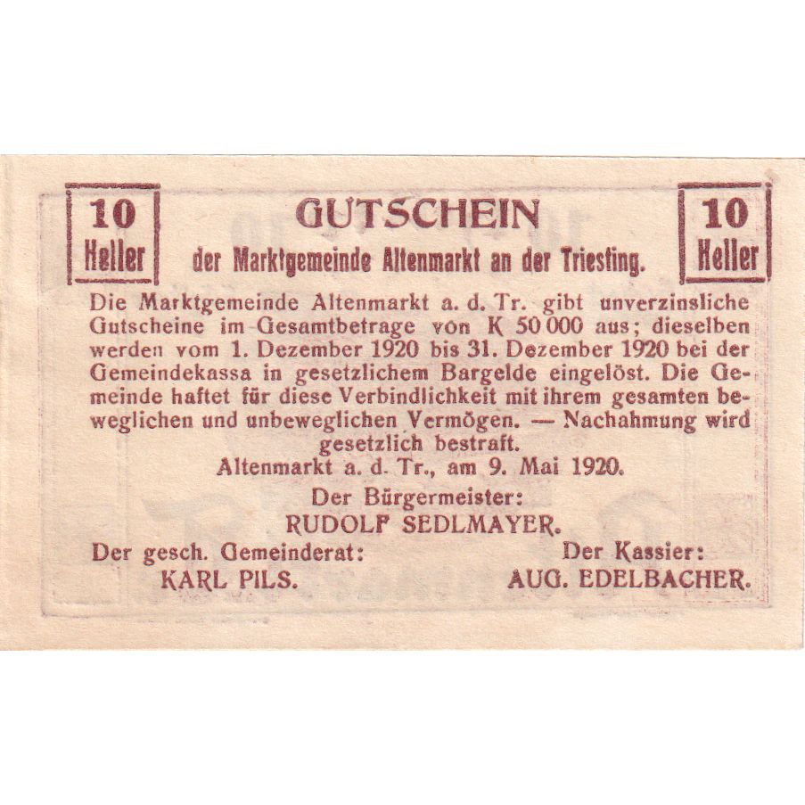 Austria, Altenmarkt, 10 Heller, 1920-12-31, UNC