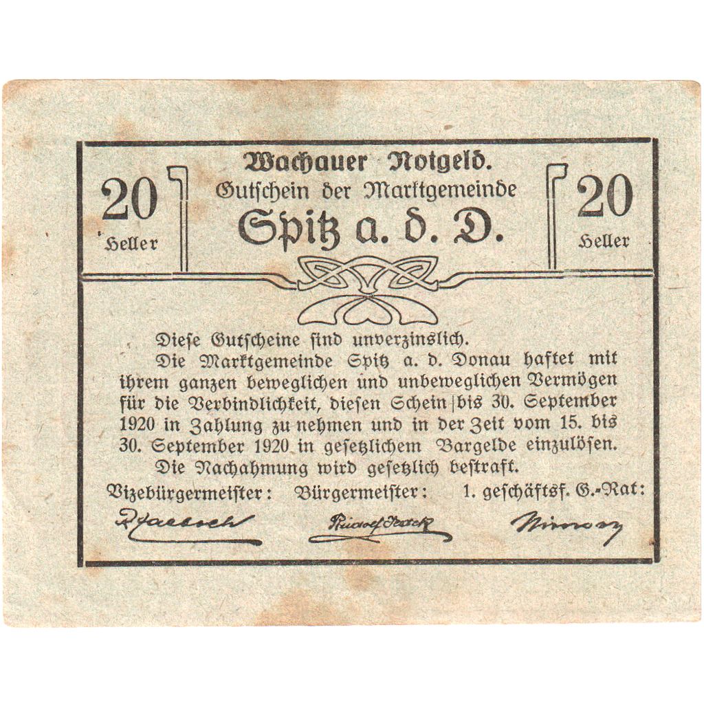 Austria, Spitz an der Donau, 20 Heller, 1920-12-30, VF