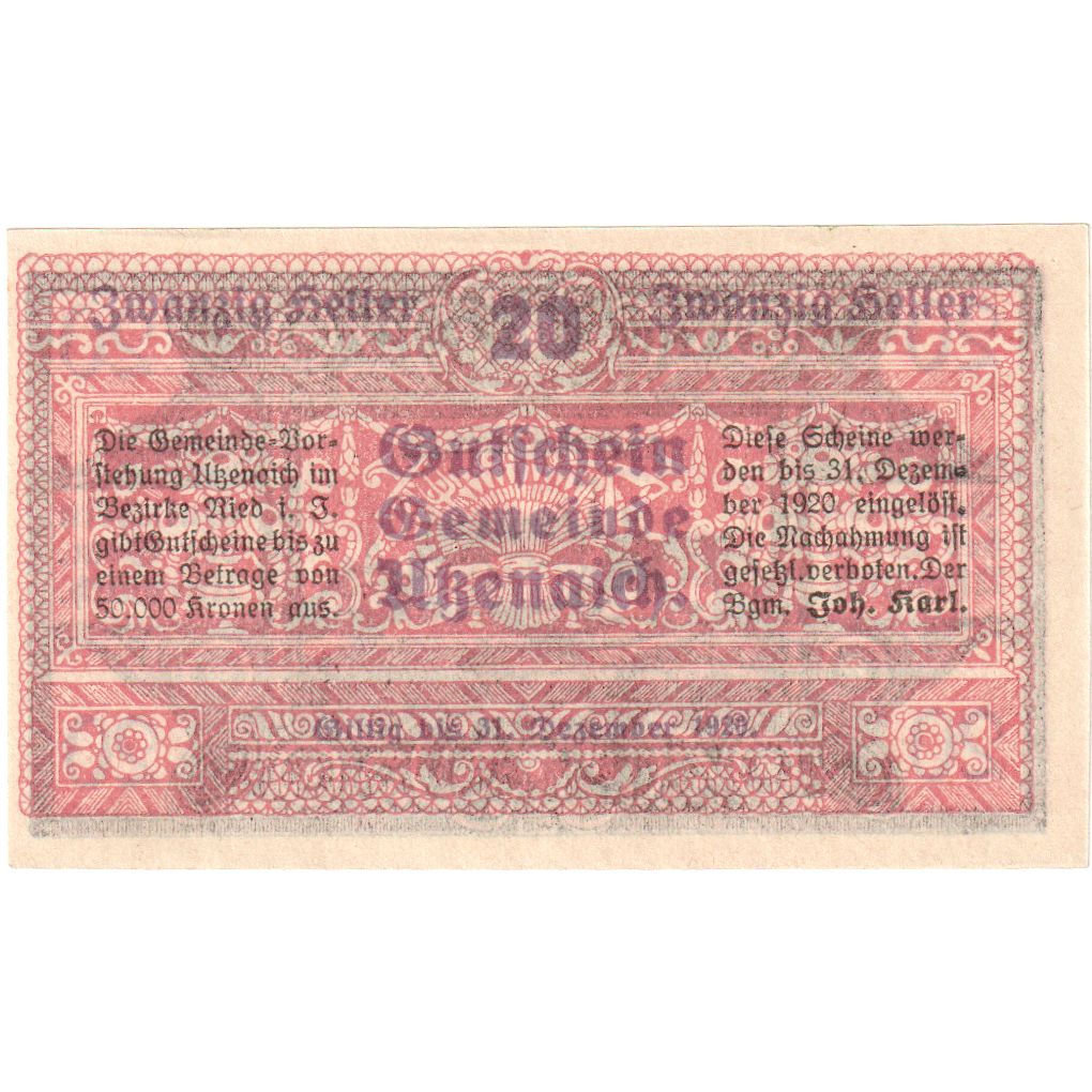 Austria, Utzenaich, 20 Heller, 1920-12-31, UNC