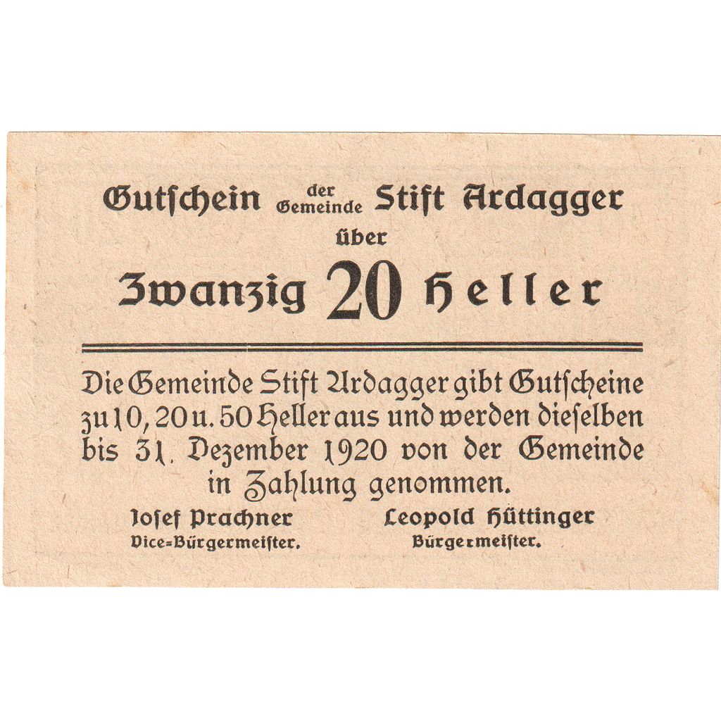 Austria, Stift Ardagger, 20 Heller, 1920-12-30, AU