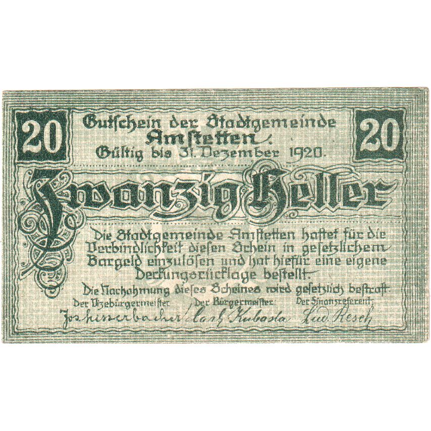 Austria, Amstetten, 20 Heller, 1920-12-31, UNC