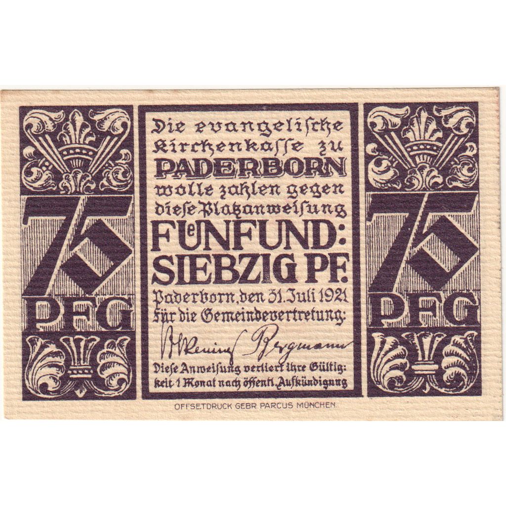 Germany, Paderborn, 75 Pfennig, 1921-07-31, UNC