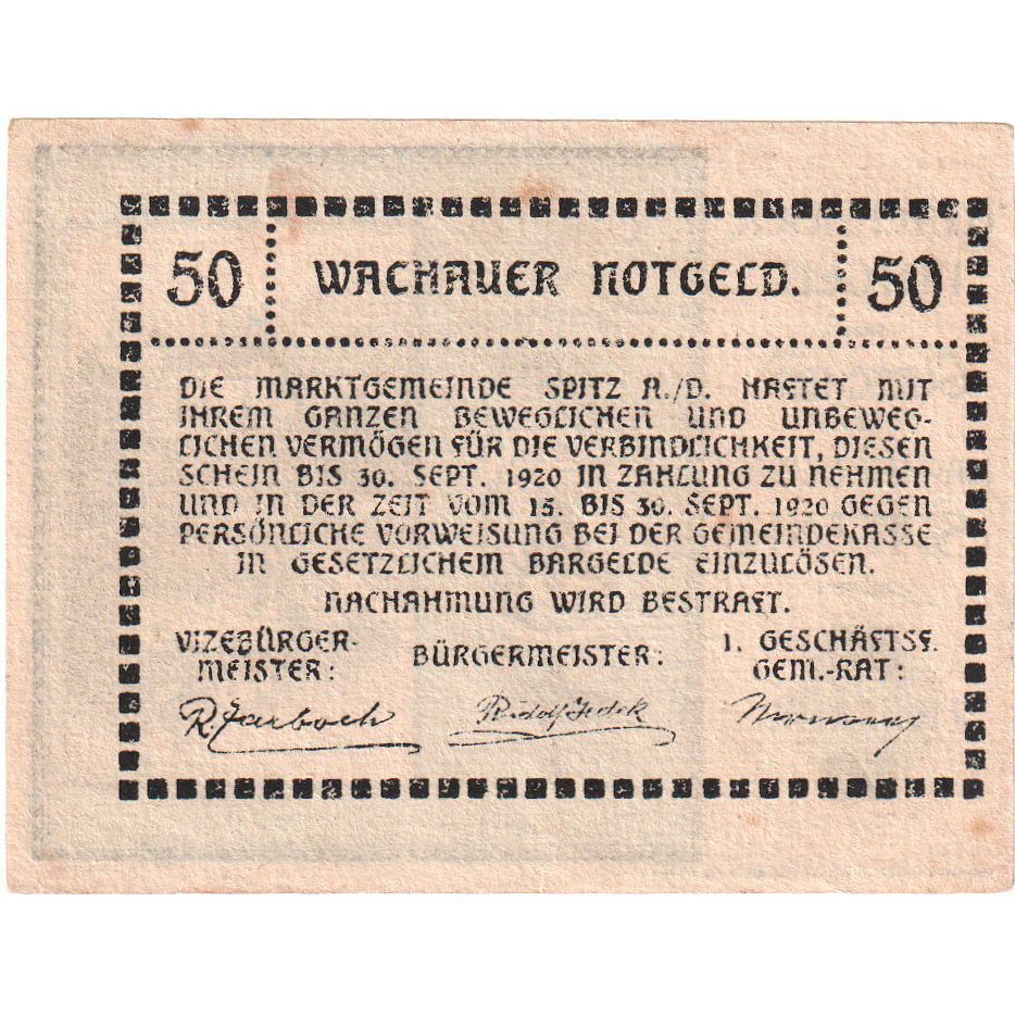 Austria, Spitz an der Donau, 50 Heller, 1920-09-30, EF