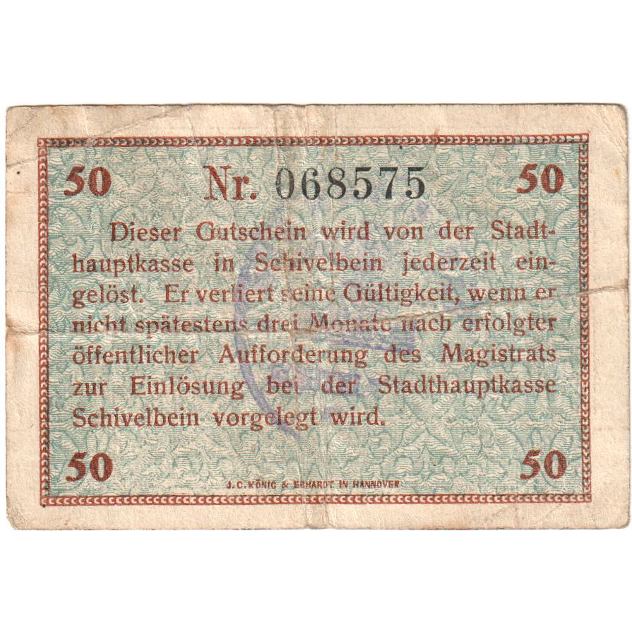 Germany, Schivelbien, 1/2 Mark, 1919-08-01, VF(20-25)