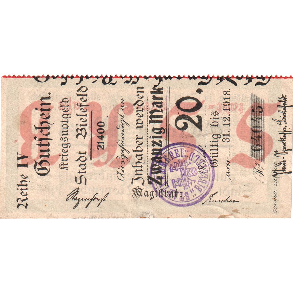 Germany, Bielefeld, 20 Mark, 1918-11-01, AU