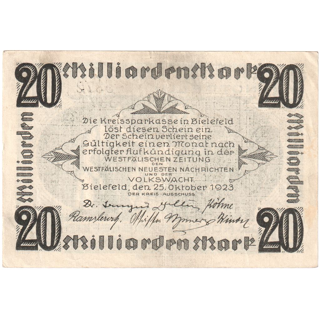 Germany, Bielefeld, 20 Milliarden Mark, 1923-10-25, AU(55-58)