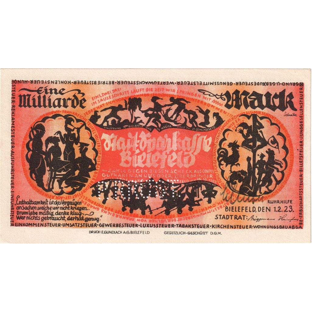 Germany, Bielefeld, 1 Milliarde Mark, 1923-02-01, UNC