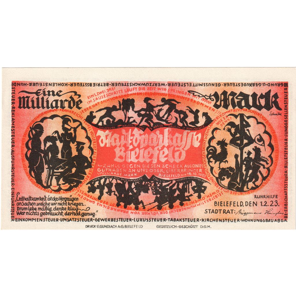 Germany, Bielefeld, 1 Milliarde Mark, 1923-02-01, UNC