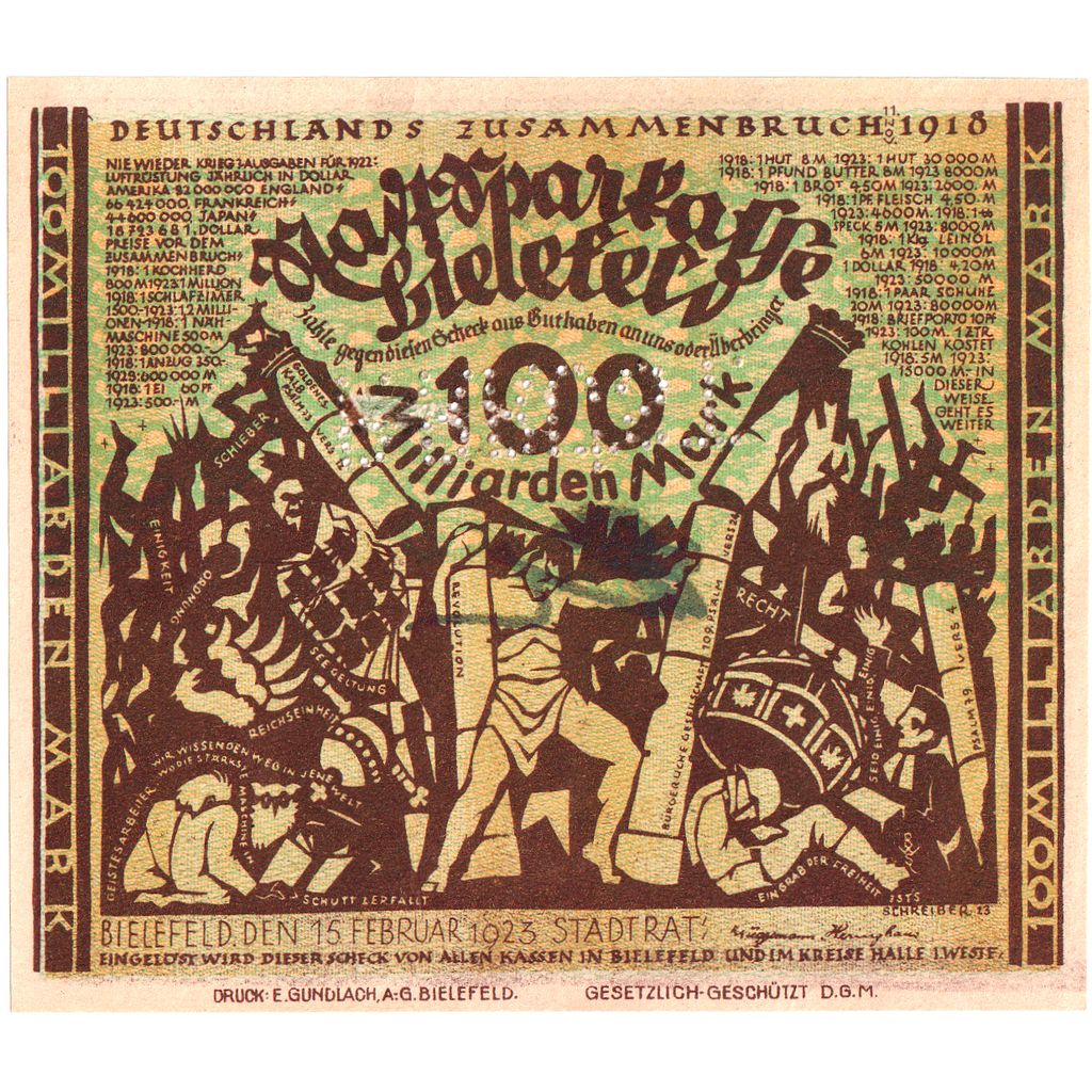 Germany, Bielefeld, 100 Milliarden Mark, 1923-02-15, EF, Grabowski:88