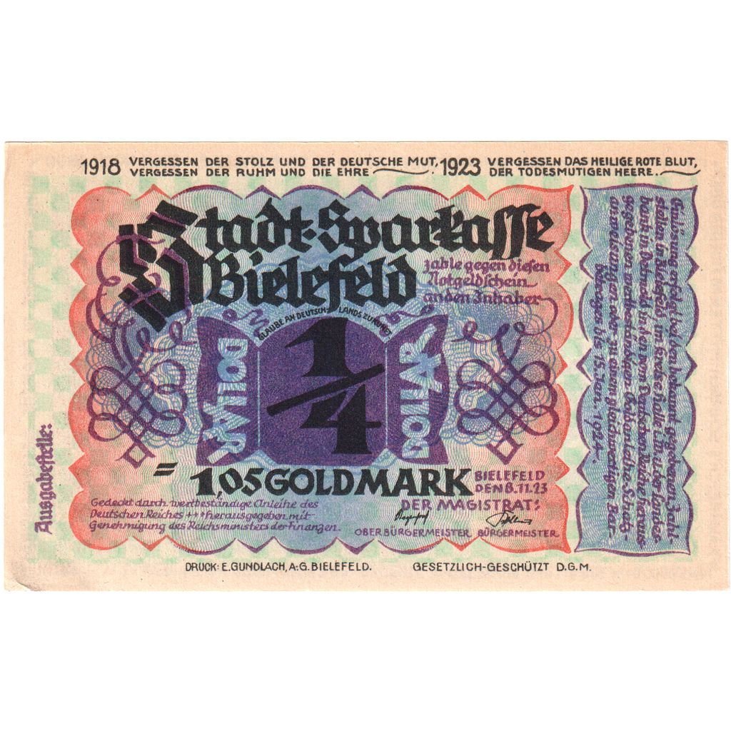 Germany, Bielefeld, 1.05 Goldmark, 1923-11-08, UNC