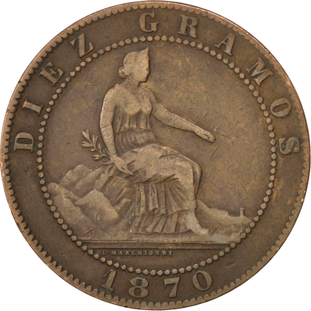 Coin, Spain, Provisional Government, 10 Centimos, 1870, , Copper