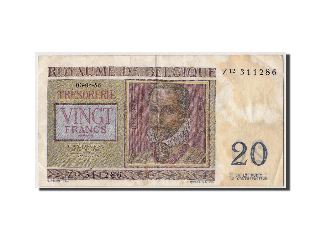 Billete, 20 Francs, 1956, Bélgica, 1956-04-03, BC+