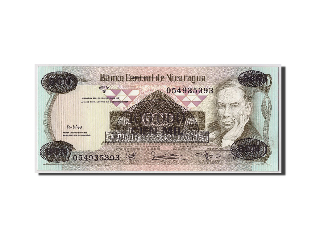 Banknote, Nicaragua, 100,000 Córdobas on 500 Córdobas, D.1987, Undated