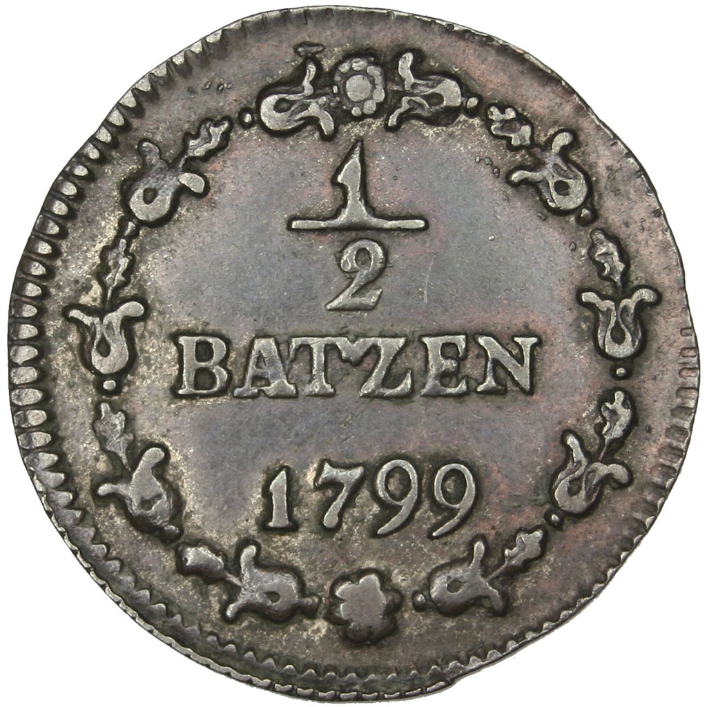 Coin, Switzerland, 1/2 Batzen, 1799, , Billon, KM:A6