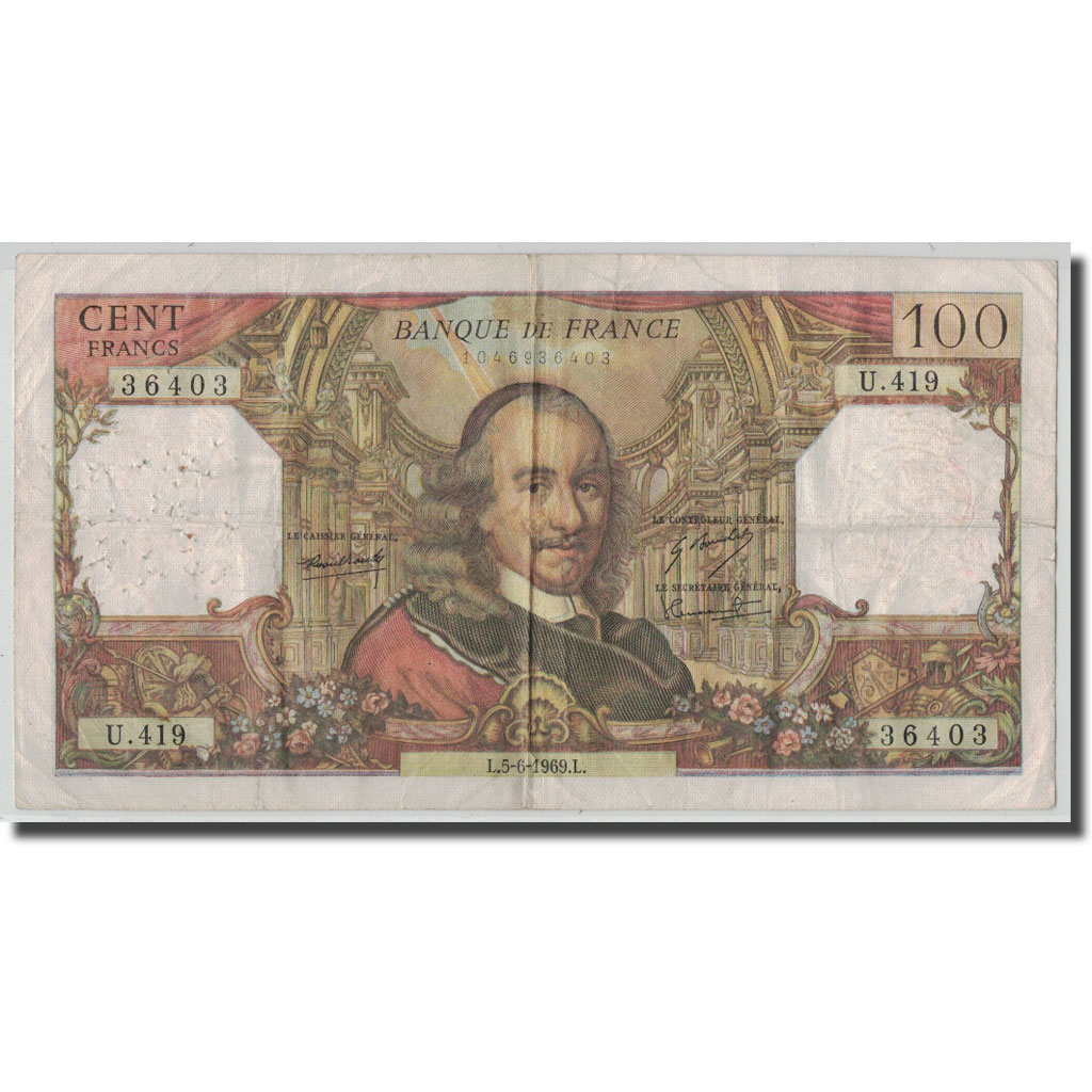France, 100 Francs Corneille, 1969-06-05, VF(20-25), Fayette:65.27, KM:149c