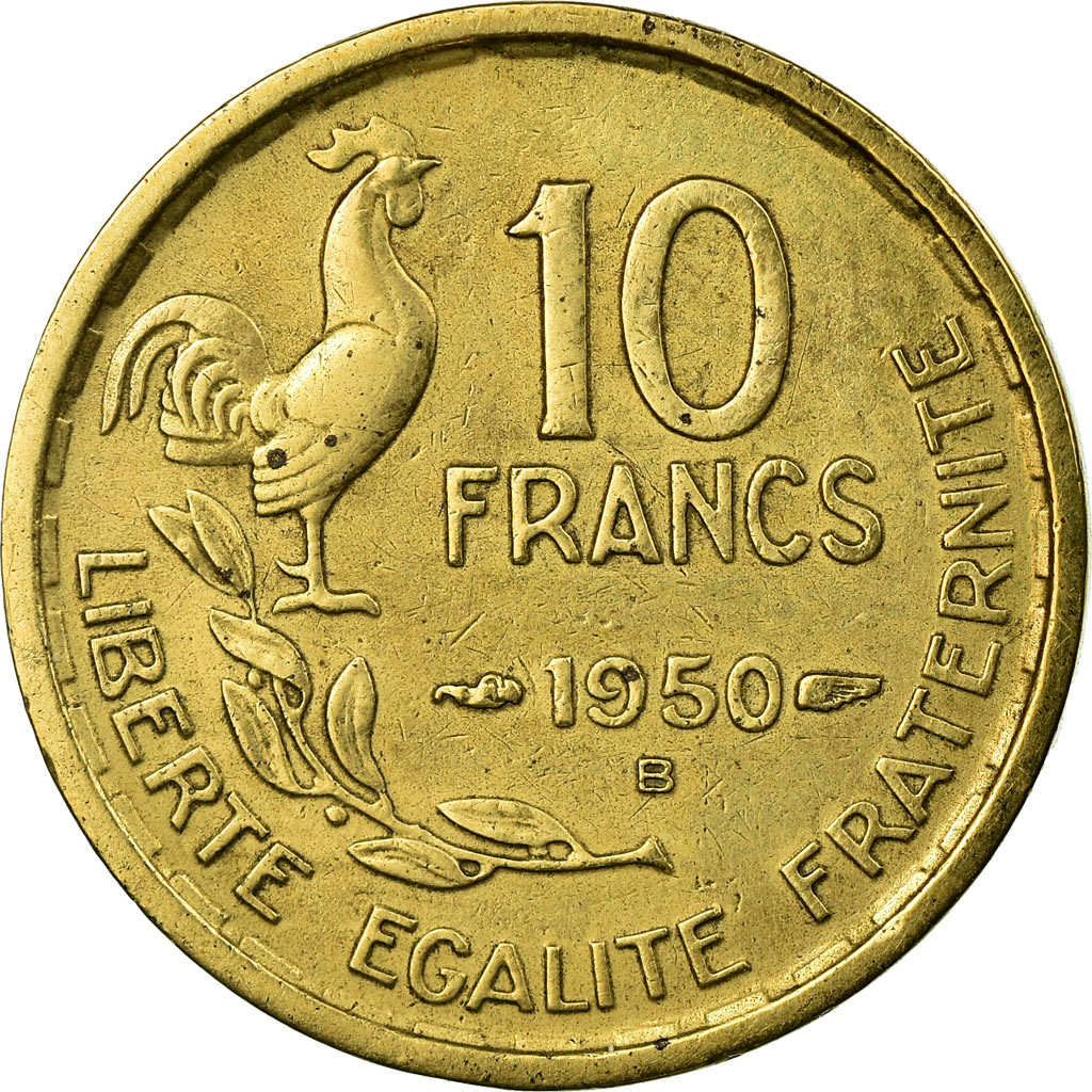 Moneda, Francia, Guiraud, 10 Francs, 1950, Beaumont - Le Roger, BC+, Aluminio -