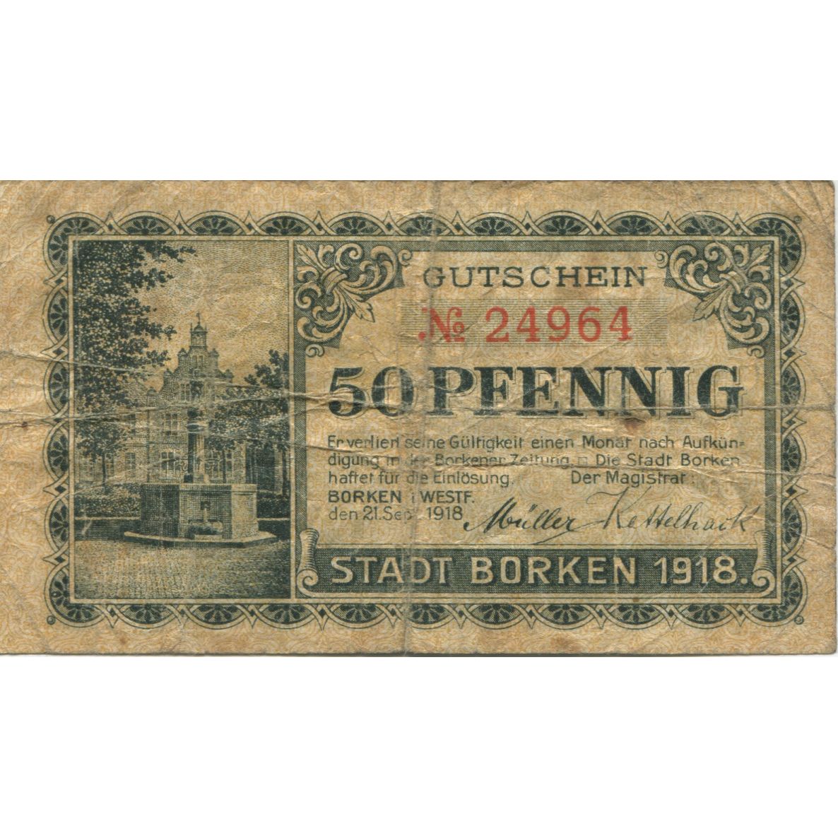 [#320630] Banconote, Germania, Borken Stadt, 50 Pfennig, Batiment, 1918, 1918-09