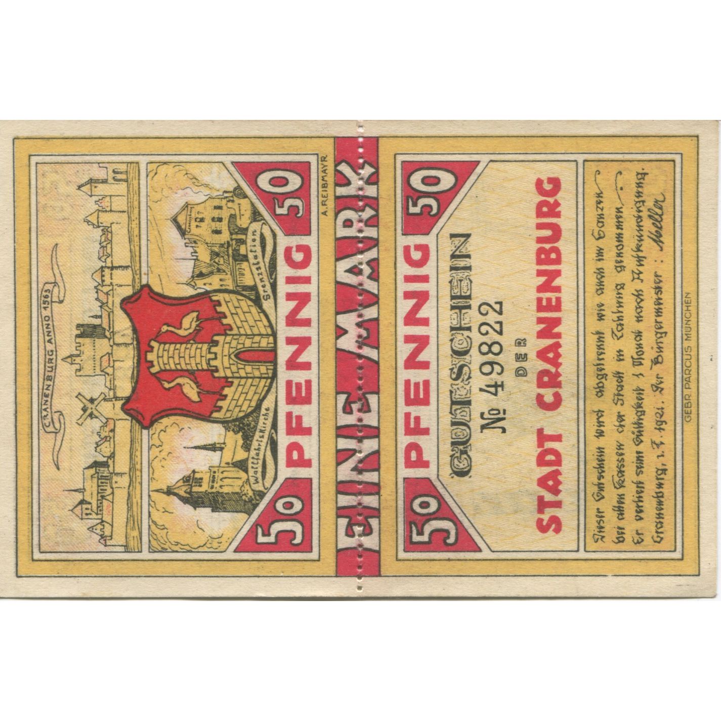 Billete, Alemania, Cranenburg Stadt, 1 Mark, Blason 2, 1921, 1921-02-01, EBC