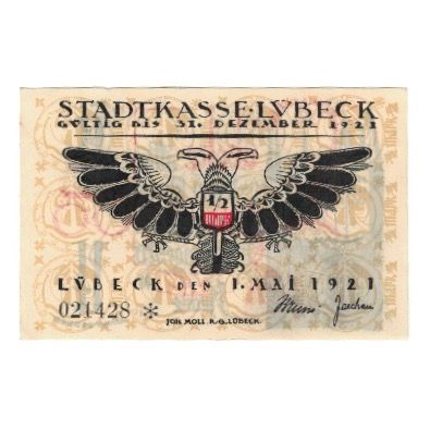 Billete, Alemania, Lübeck Stadtkasse, 1/2 Mark, Texte, 1921, 1921-05-01, EBC