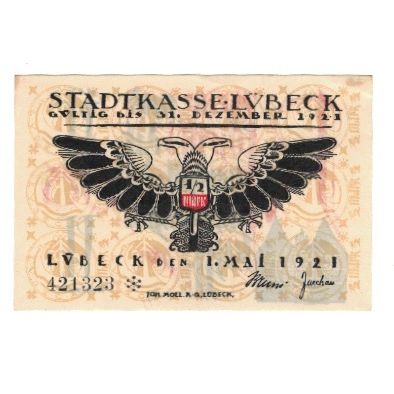 Billete, Alemania, Lübeck Stadtkasse, 1/2 Mark, Texte 2, 1921, 1921-05-01, EBC