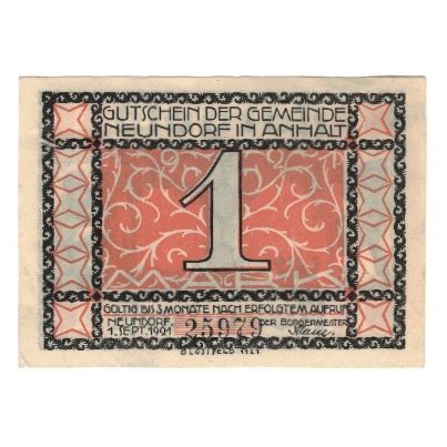 Billete, Alemania, Neundorf Gemeinde, 1 Mark, arbre, 1921, 1921-09-01, EBC