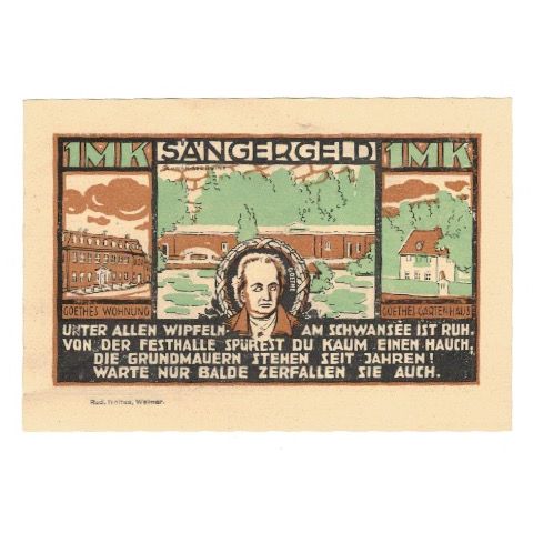 Billete, Alemania, Weimar Thür Sängerfest, 1 Mark, personnage, 1921