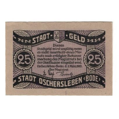 Banknote, Germany, Oschersleben a.Bode Stadt, 25 Pfennig, texte 1, 1921