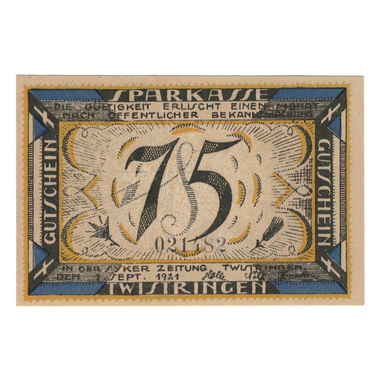 Billete, Alemania, Twistringen Sparkasse, 75 Pfennig, personnage, 1921