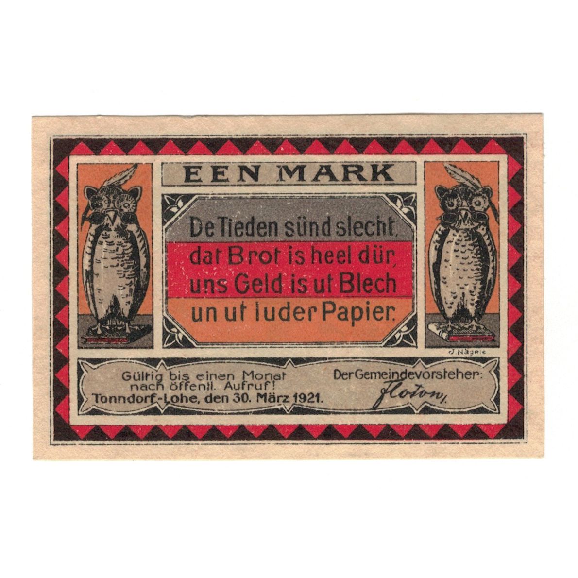 Banknote, Germany, Tonndorf Lohe Gemeinde, 1 Mark, personnage, 1921, 1921-03-30