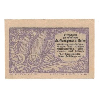 Billete, Austria, St. Georgen an der Gusen O.Ö. Gemeinde, 20 Heller, valeur