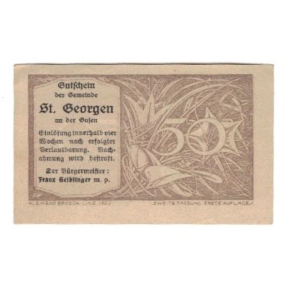 Billete, Austria, St. Georgen an der Gusen O.Ö. Gemeinde, 50 Heller, valeur
