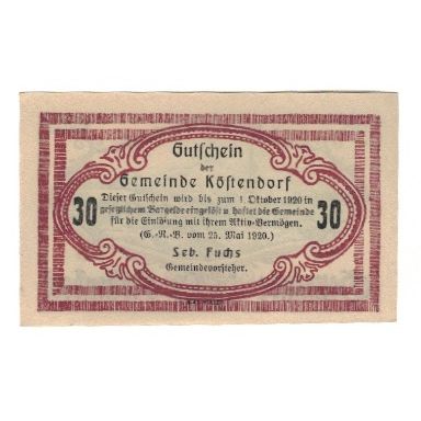 Billete, Austria, Köstendorf Sbg. Gemeinde, 30 Heller, Texte, 1920, 1920-10-01