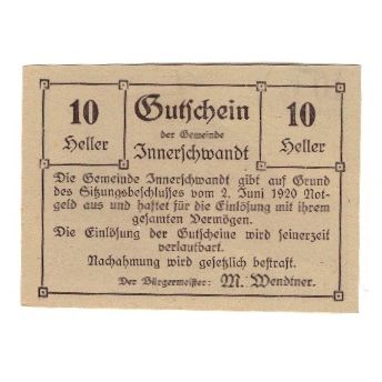 Billete, Austria, Innerschwandt O.Ö. Gemeinde, 10 Heller, Texte, 1920