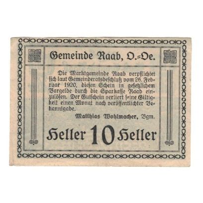 Billete, Austria, Raab O.Ö. Marktgemeinde, 10 Heller, Texte, 1920, 1920-02-26