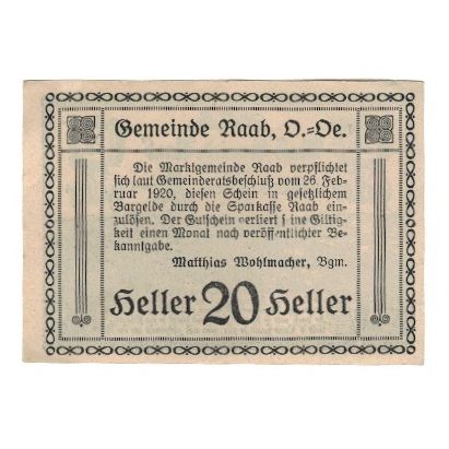 Billete, Austria, Raab O.Ö. Marktgemeinde, 20 Heller, Texte, 1920, 1920-02-26