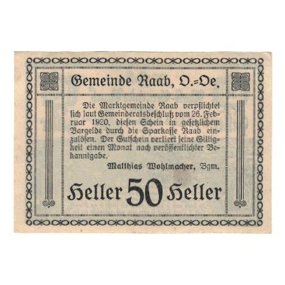 Billete, Austria, Raab O.Ö. Marktgemeinde, 50 Heller, Texte, 1920, 1920-02-26