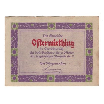 Billete, Austria, Ostermiething O.Ö. Gemeinde, 50 Heller, paysage, 1920