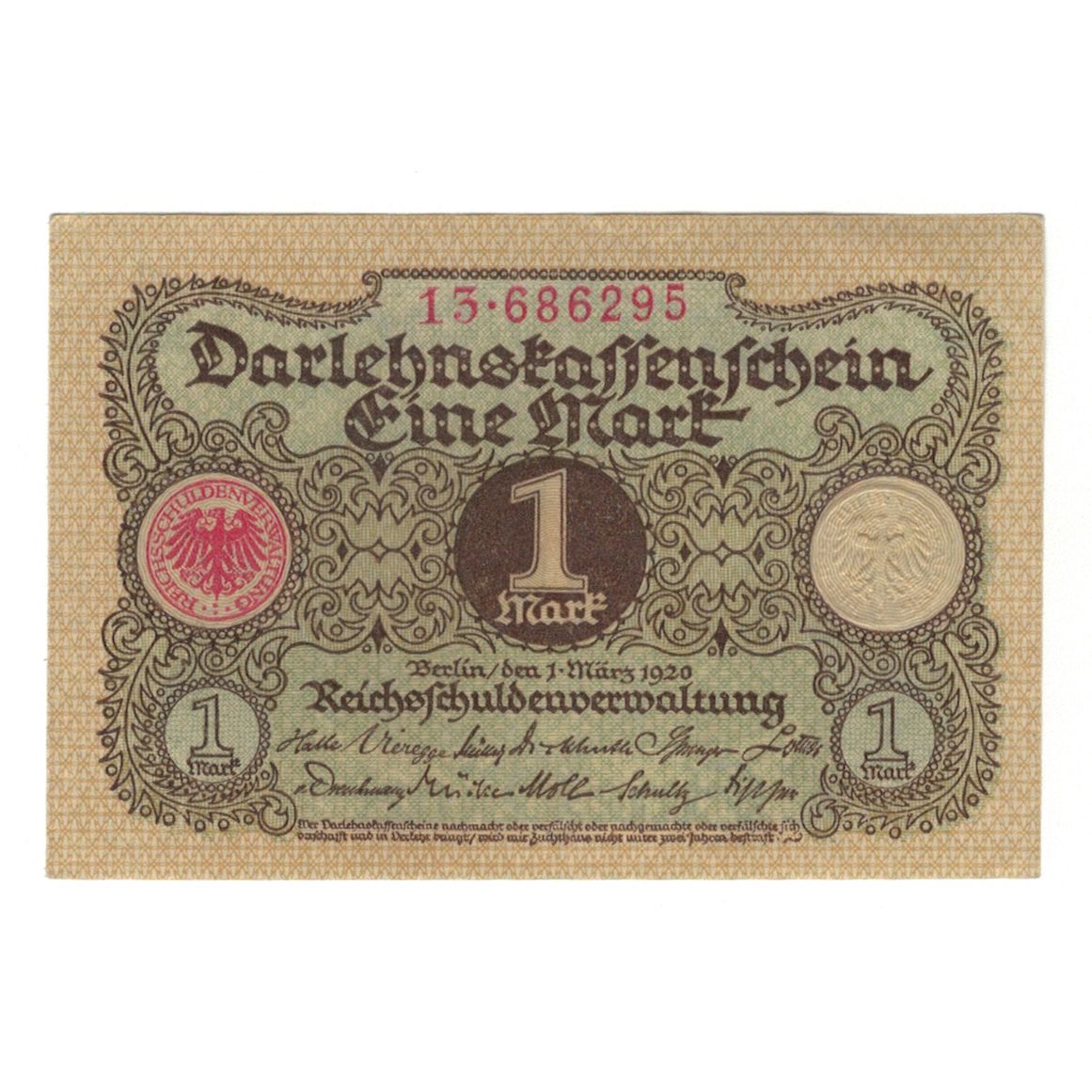 Billete, Alemania, Darlehnskassenschein (State Loan Currency Note), 1 Mark