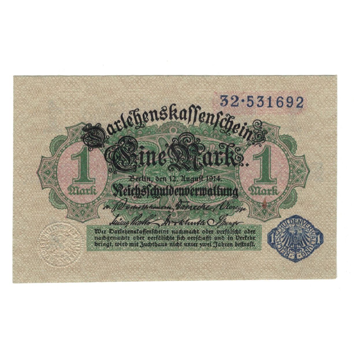 Billete, Alemania, Darlehnskassenschein (State Loan Currency Note), 1 Mark
