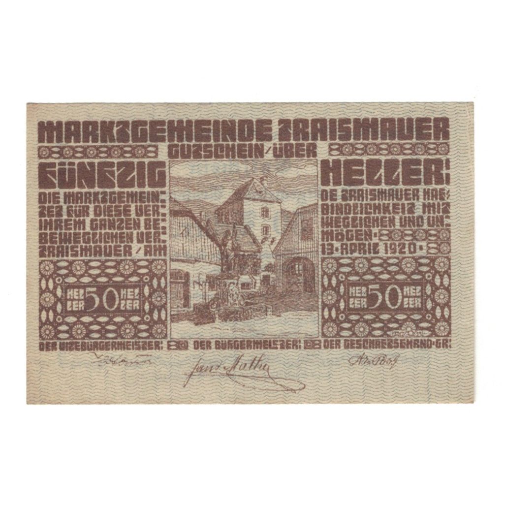 Billete, Austria, Traismauer N.Ö. Marktgemeinde, 50 Heller, Texte, 1920