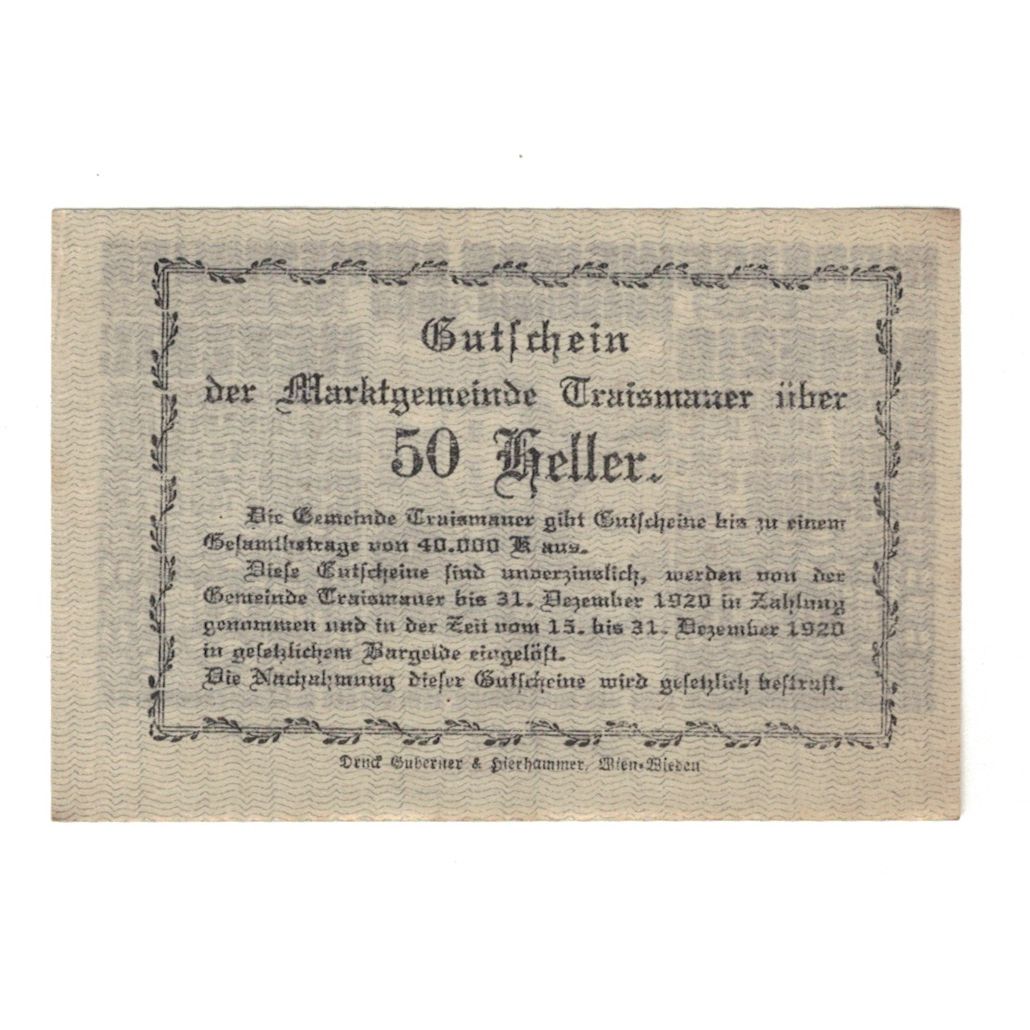 Billete, Austria, Traismauer N.Ö. Marktgemeinde, 50 Heller, Texte, 1920