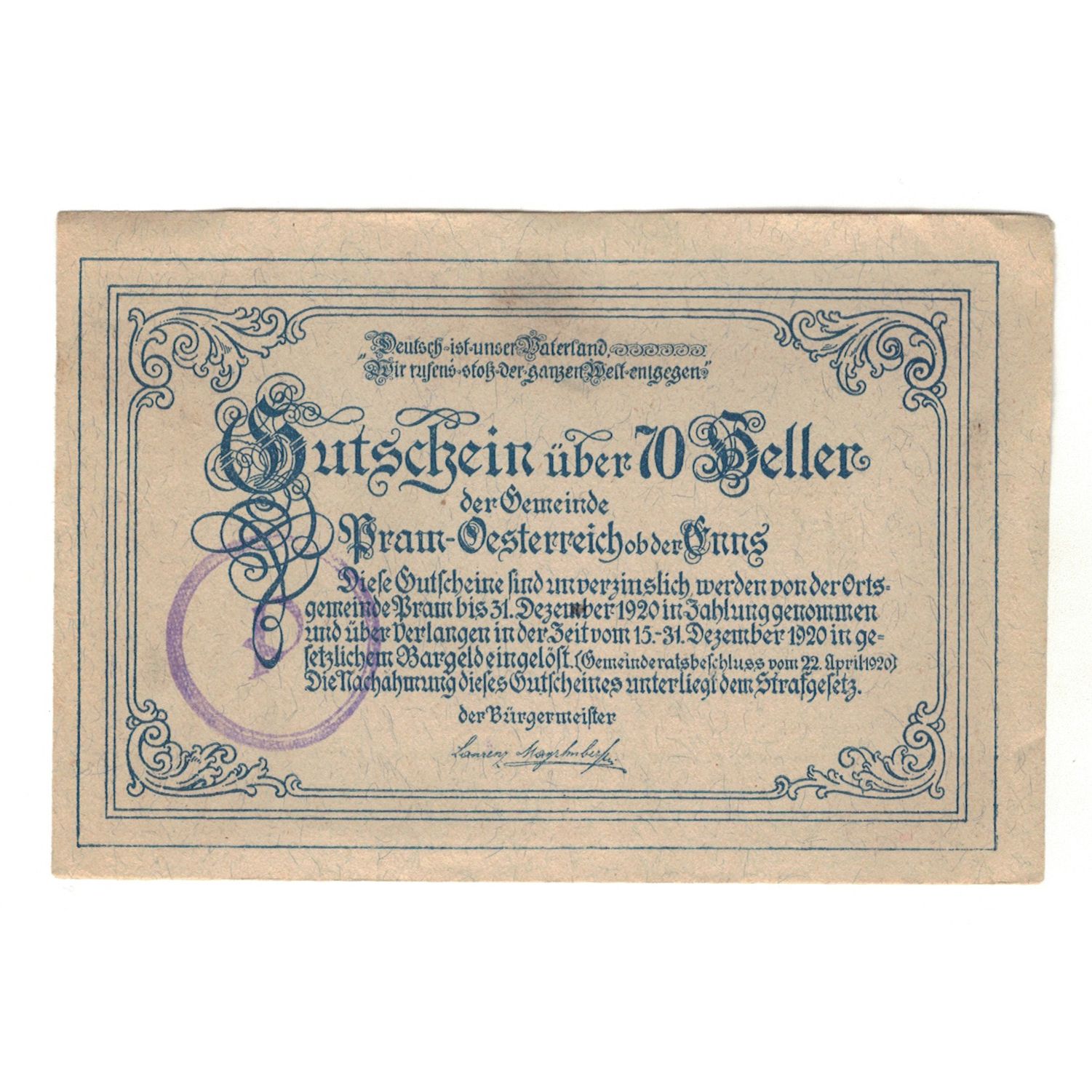 Billete, Austria, Pram O.Ö. Gemeinde, 70 Heller, texte 1, 1920, 1920-12-31