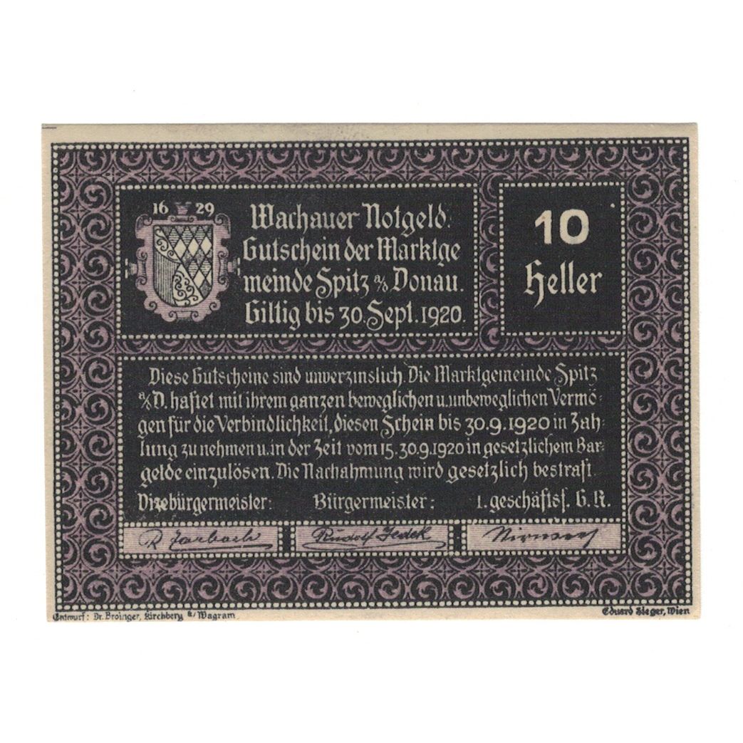 Billete, Austria, Wachauer Notgeld - Spitz - Kirche N.Ö. Gemeinde, 10 Heller