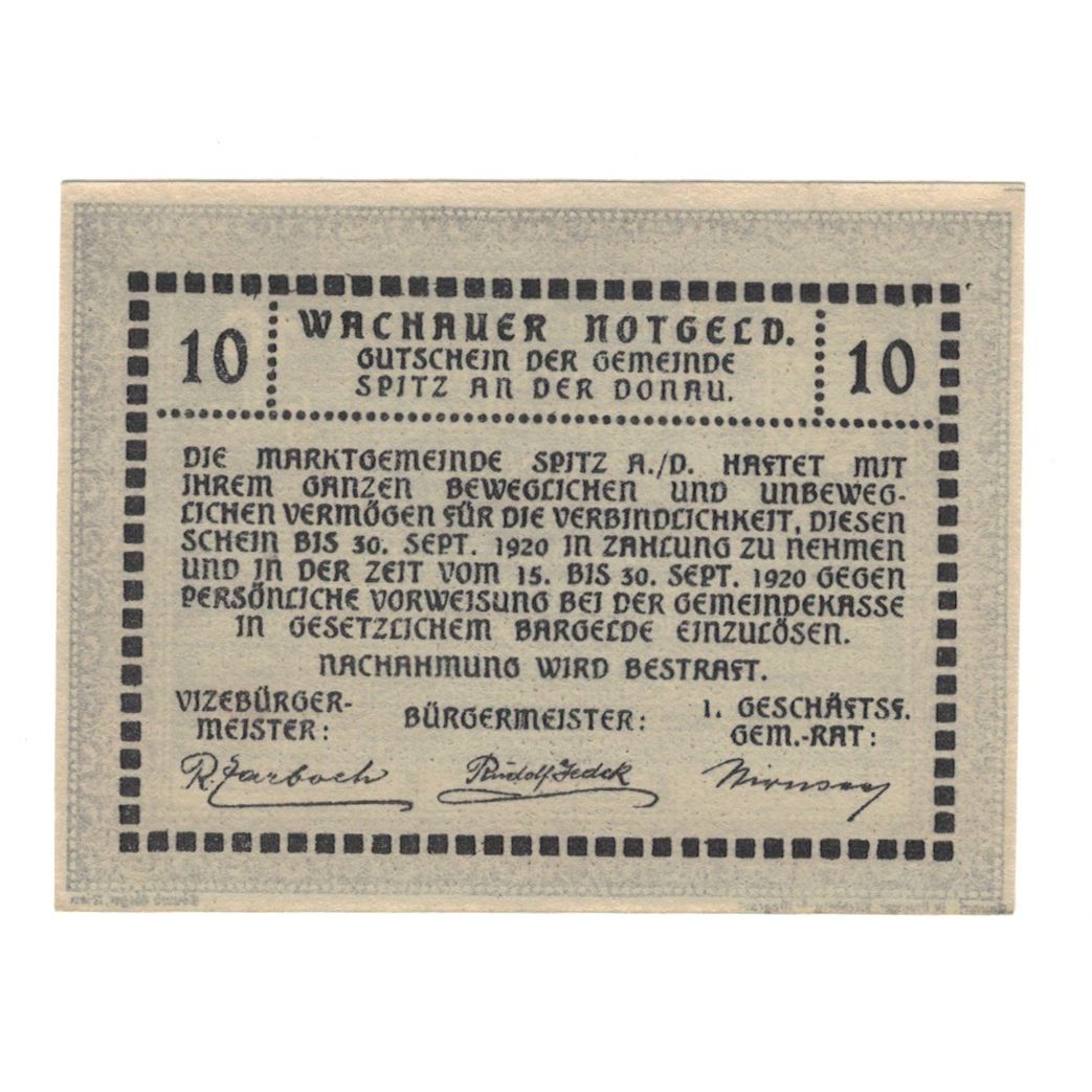 Billete, Austria, Wachauer Notgeld - Spitz - Kirche N.Ö. Gemeinde, 10 Heller