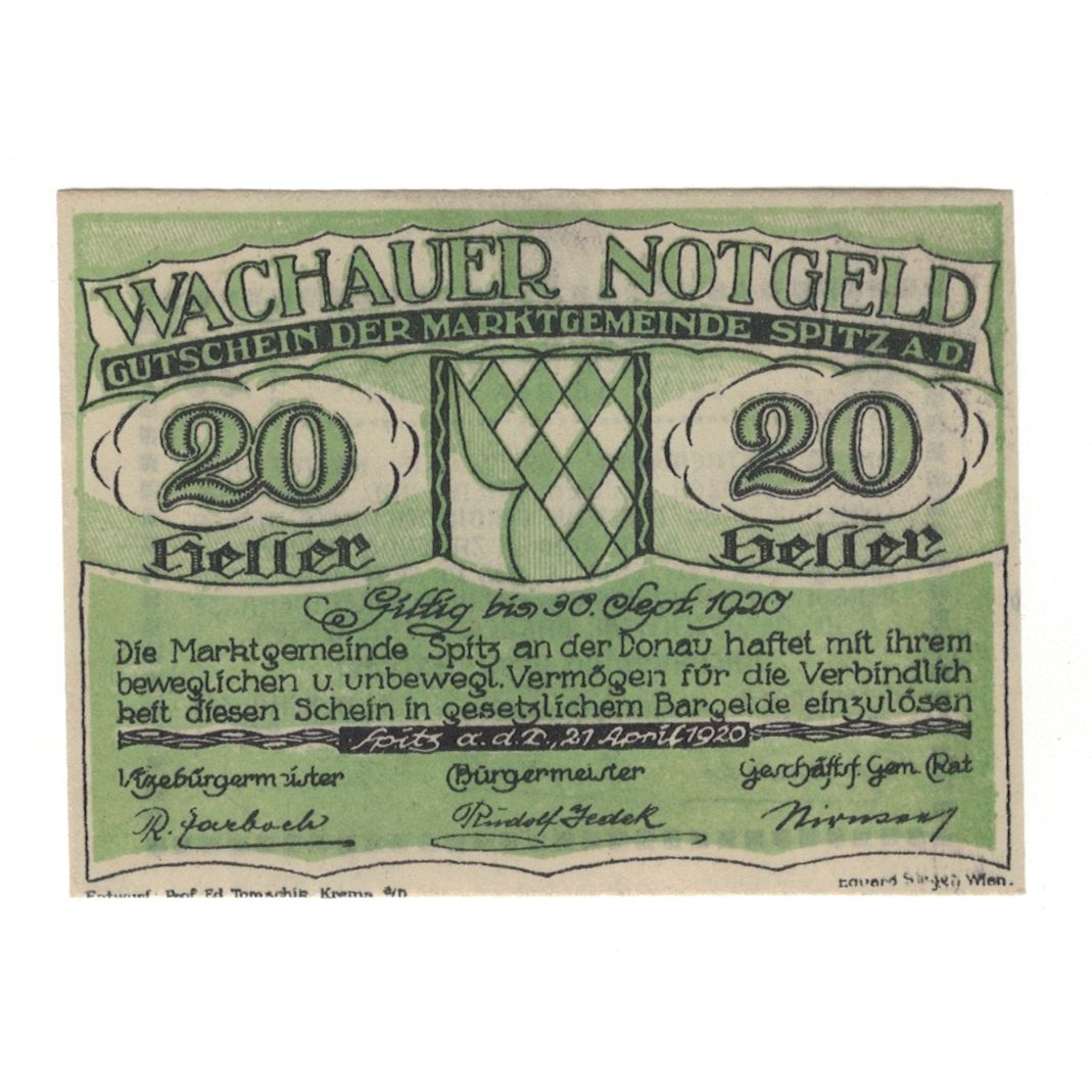 Billete, Austria, Wachauer Notgeld - Spitz - Kirche N.Ö. Gemeinde, 20 Heller