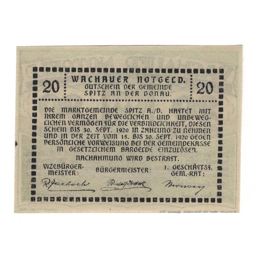 Billete, Austria, Wachauer Notgeld - Spitz - Kirche N.Ö. Gemeinde, 20 Heller
