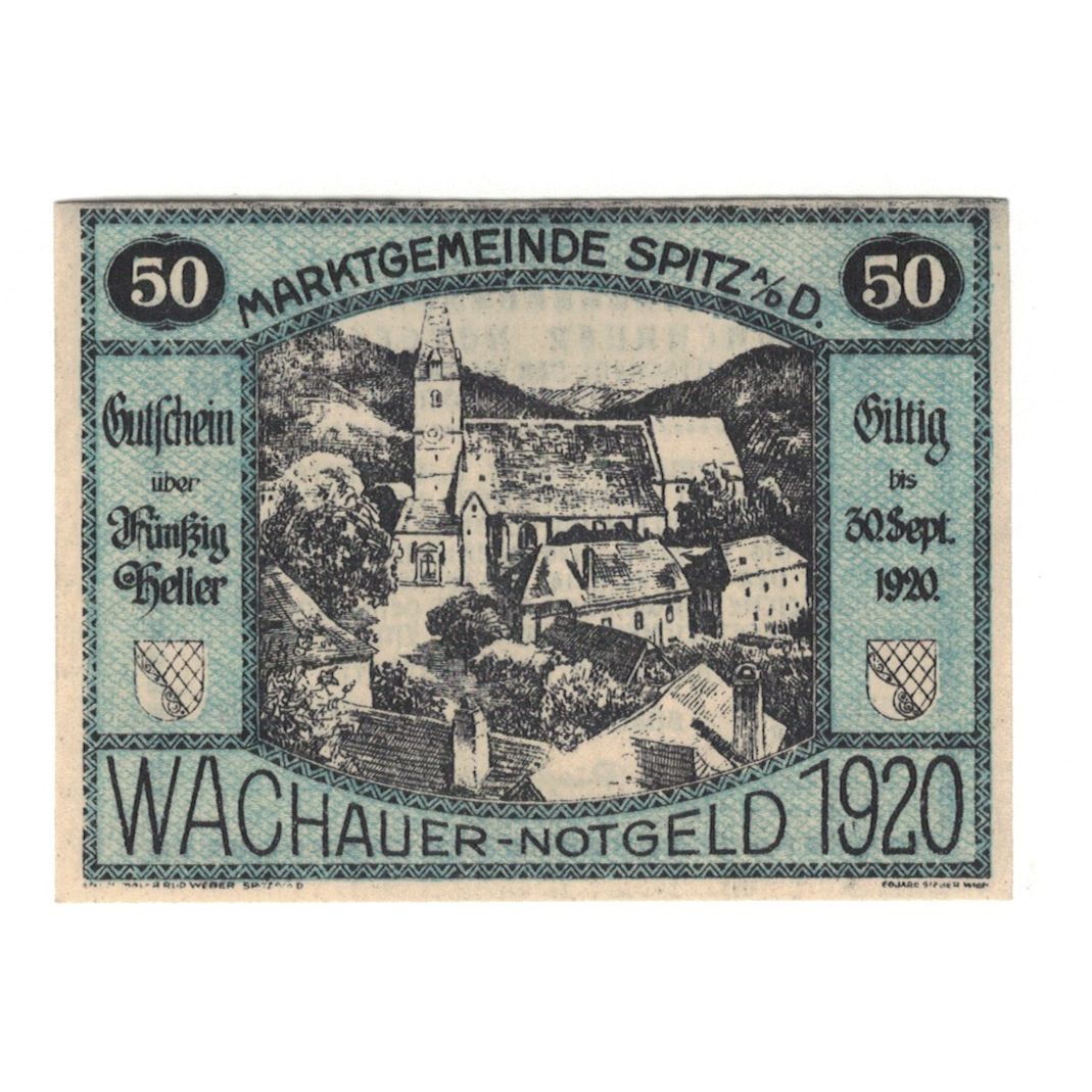 Billete, Austria, Wachauer Notgeld - Spitz - Kirche N.Ö. Gemeinde, 50 Heller