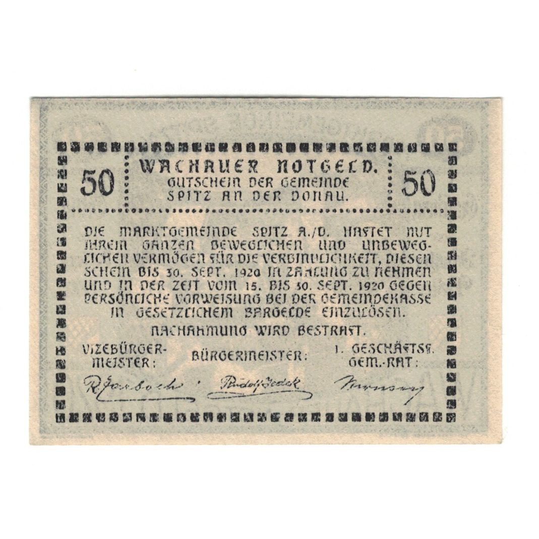 Billete, Austria, Wachauer Notgeld - Spitz - Kirche N.Ö. Gemeinde, 50 Heller