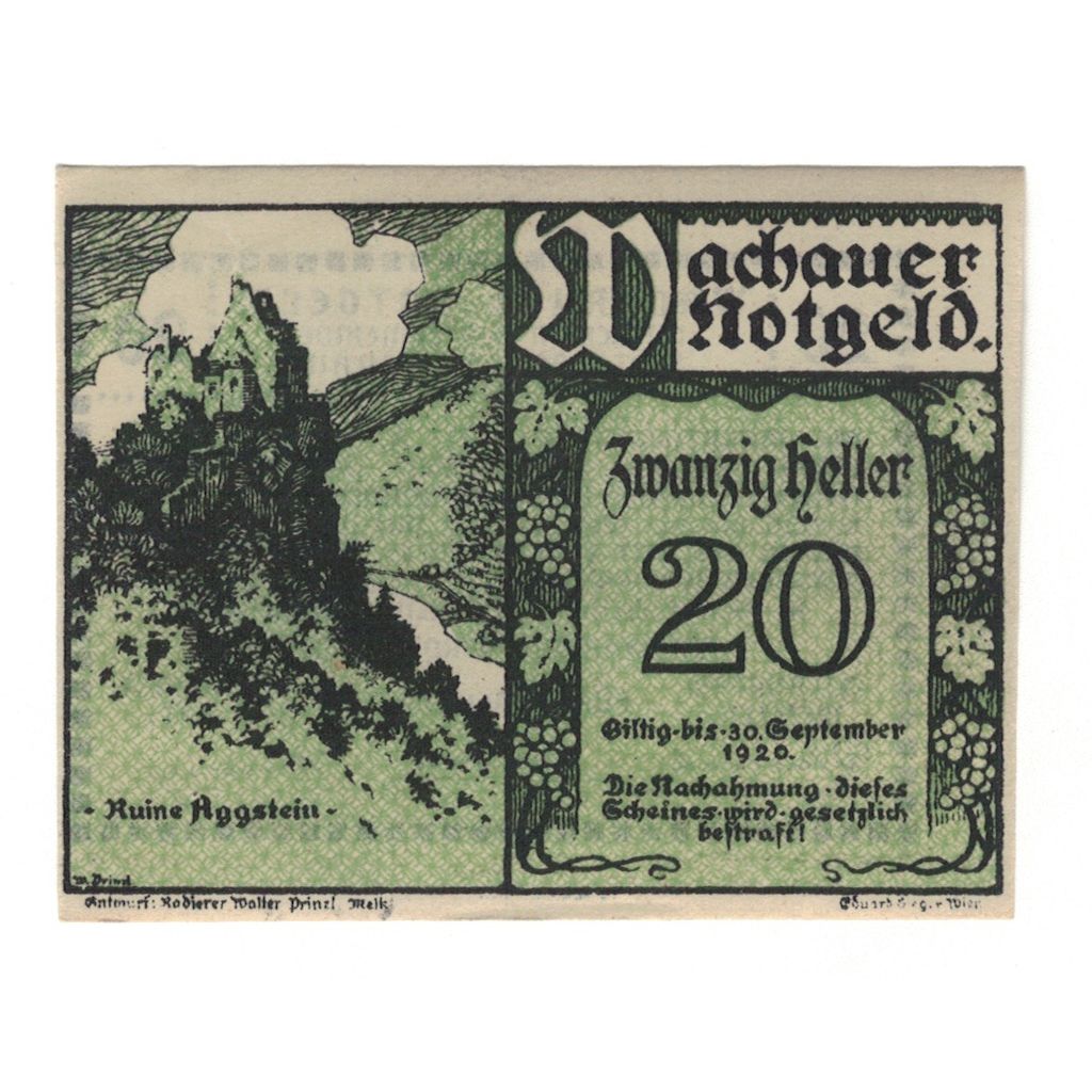 Billete, Austria, Wachauer Notgeld-Aggstein N.Ö. Gemeinde, 20 Heller, Texte